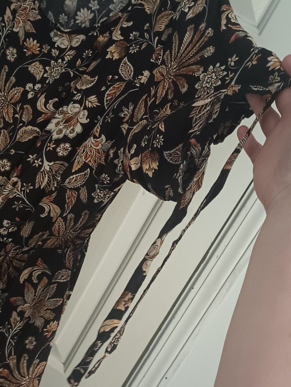 BloomChic Black Floral Midi Dress with Tan and Cream Accents - Picture 4 of 6